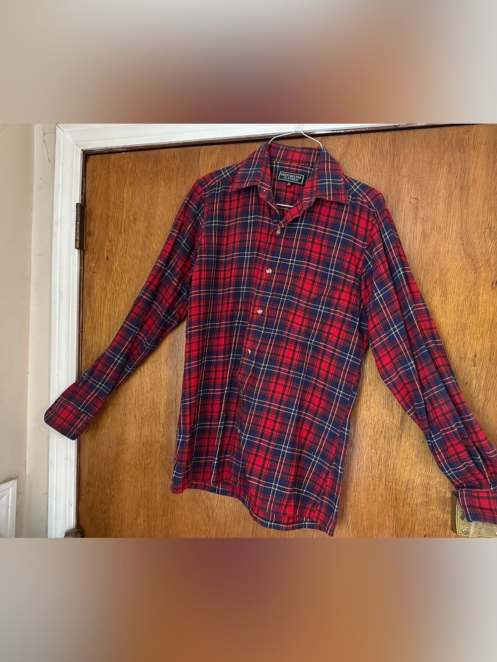 Men’s Flannel Shirt SZ S 14-14 1/2 Red & Navy Plaid Cotton Button-Down Shirt
